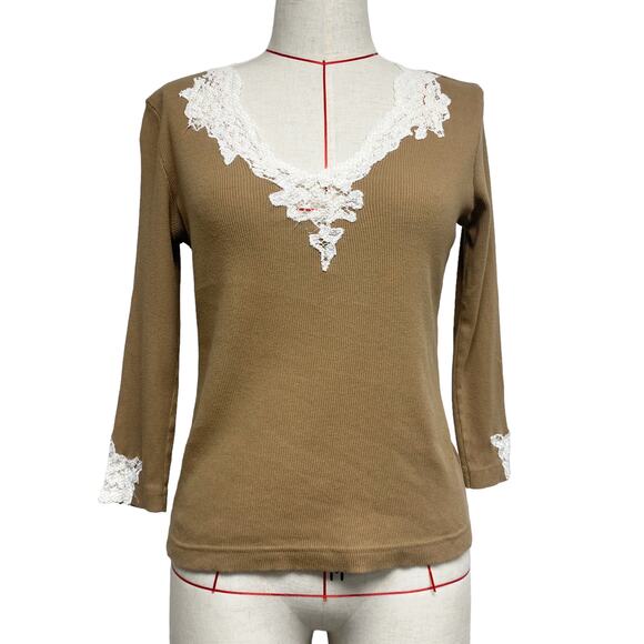 Cha Cha Vente Womens Size M Brown Ribbed Lace Trim Long Sleeve Top - Picture 2 of 6